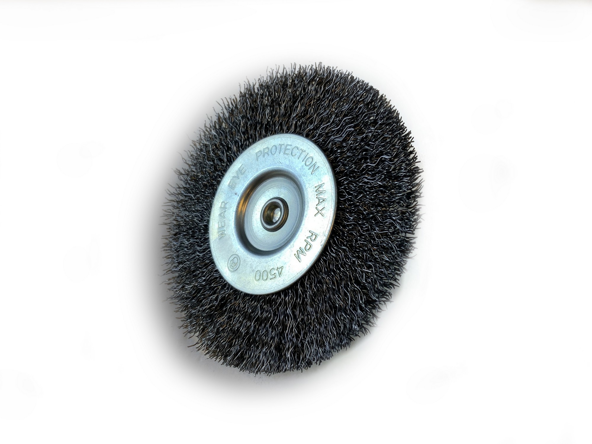 Brosse rotative circulaire métallique sur tige Ø 100 mm, Fil acier souple  Ø 0,20 mm, Epaisseur 12 mm, 2 rangs, Pour perceuse ou visseuse à mandrin