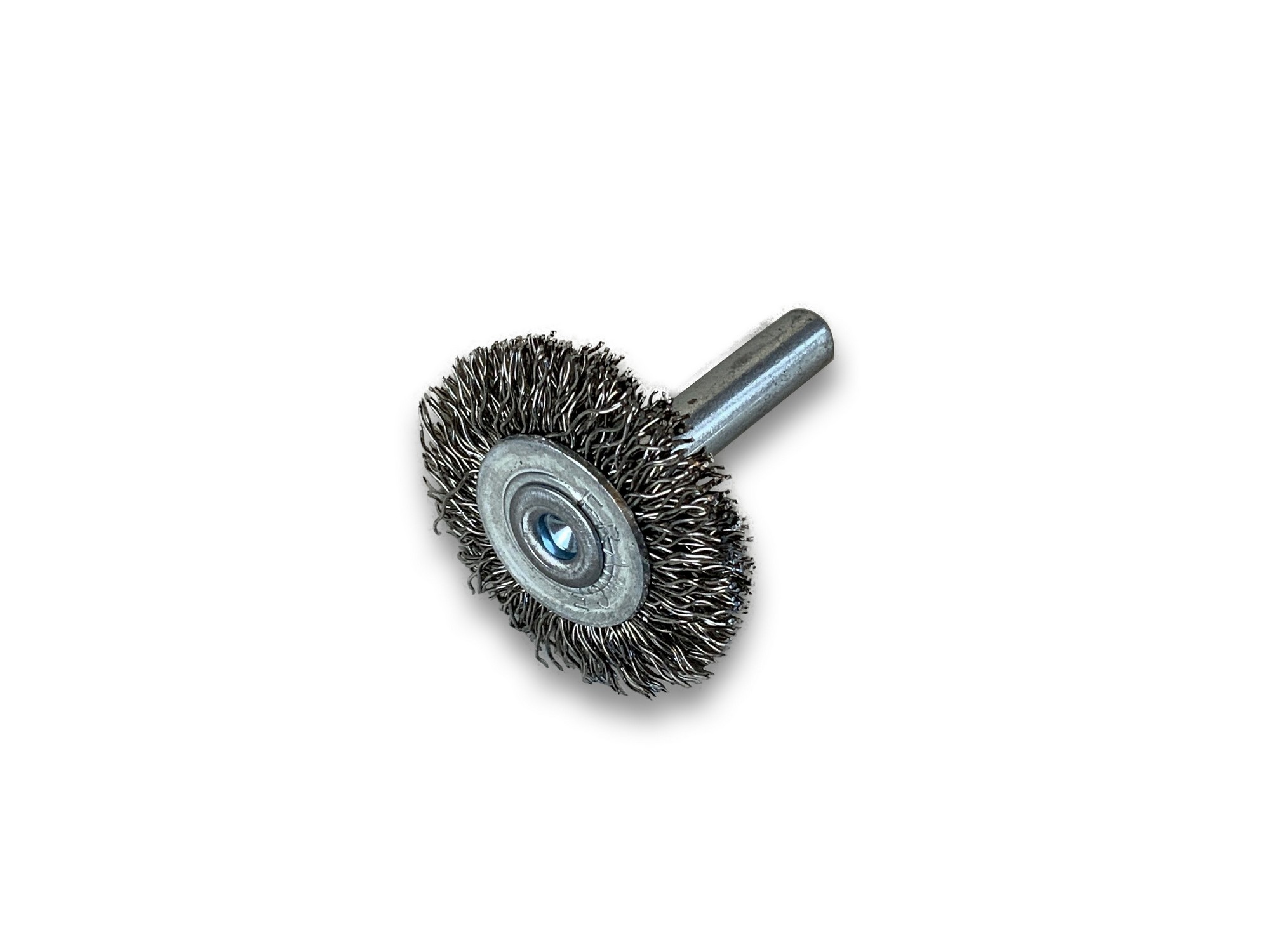 Brosse rotative circulaire métallique sur tige Ø 50 mm, Fil acier souple Ø  0,20 mm, Epaisseur 18 mm, 3 rangs, Pour perceuse ou visseuse à mandrin