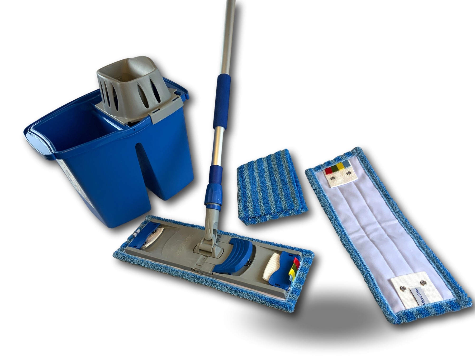 Kit Lave Sol Easy Press Pro Double Compartiment | Nettoyage des sols | 3  Franges Micro Easy | Manche télescopique | Seau Plastique | Panier essoreur  