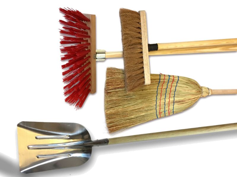 Ensemble de 3 balais de rue + pelle - Cantonnier PVC 32 cm - Coco naturel - Paille de riz - Pelle aluminium