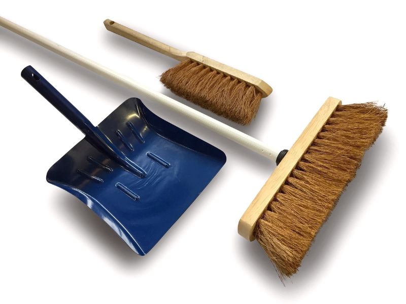 Ensemble balai brosse de ménage d'atelier | 1 balai coco 29 cm avec manche acier gainé avec pelle et balayette